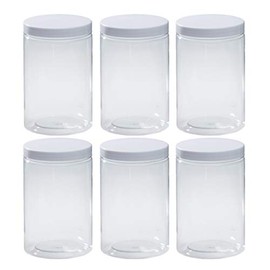 43oz Clear Plastic Jars with Smooth White Lids and Labels (6 Pack), Wide Mouth, BPA Free, PET Plastic Bulk for Kitchen Home Storage Containers