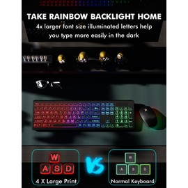 Wireless Keyboard and Mouse Combo - Large Print, RGB Backlit, Oversize Light Up Letters, Rechargeable, Ergonomic Tilt Leg, Sleep Mode, 2.4GHz Quiet Keyboard Mouse for Mac, Windows, Laptop, PC, Trueque