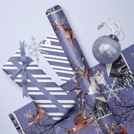 LeZakaa Reversible Christmas Wrapping Paper - Deer, Snowy House, Christmas Tree and Blue & White Stripes for Christmas, Holiday, Party - 17 inches x 32.8 Feet (46.45 sq.ft.)