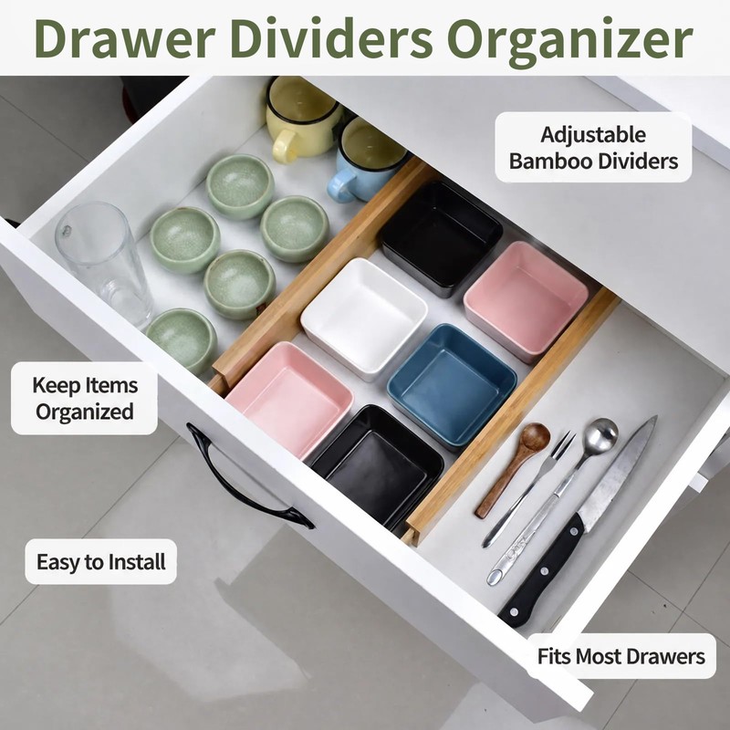 Dzueo 6 Pack Wood Drawer Dividers - Expandable Wooden Drawer