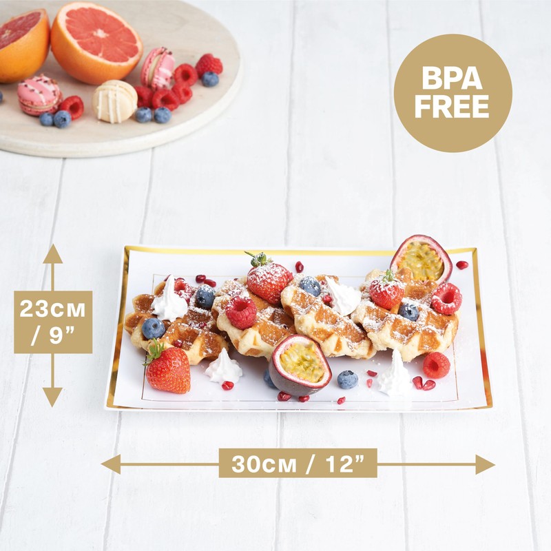 MATANA 6 White Plastic Serving Platters with Gold Border, Food