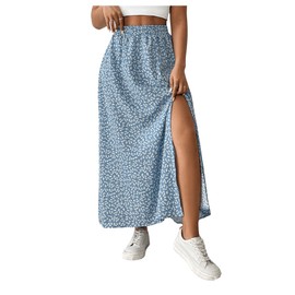 GORGLITTER Women's Petite Summer Skirt Floral Casual Skirt Long Summer Skirt with Slit Casual Skirt Holiday Skirt with Elastic Skirt, blue