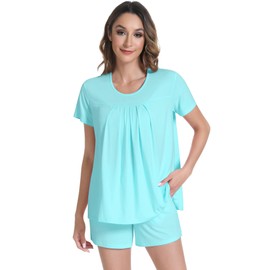 NACHILA Women's Pajamas-Viscose Made from Bamboo, Short Sleeve Sleepwear Cool Pajama Shorts Set Soft Pleated Crew Neck Pjs Aqua Green XL