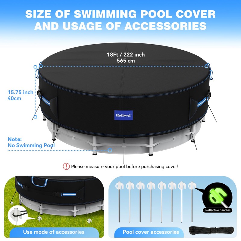 Holiwei 18 Ft Round Pool Cover with Reflective Strips, 420D