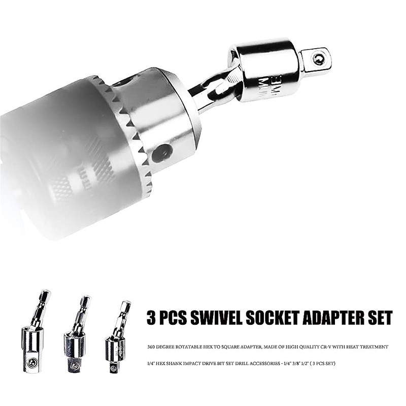 Swivel Socket Adapter Set 3 PCS 1/2” 3/8” 1/4” Rotatable