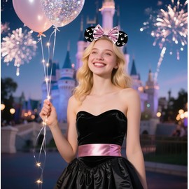 bianbaistar Black Velvet Mouse Ears Headband, Metallic Pink Bow & Crystal Accents for Nightlife & Theme Parks