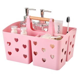 Pink Portable Shower Caddy with Wooden Handle, Plastic Shower Basket Organizer with Drainage Holes & 3 Compartments, Dorm Shower Caddy for College Students, Bathroom, Gym, Camping Toiletry Storage