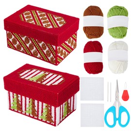 WEBEEDY 2 Sets DIY Christmas Plastic Canvas Box Kit Include Mesh Canvas Sheets,5 Colorful Yarn and Instruction for Beginners Embroidery Crafting Gift Boxes Needle Points Starter Kit Sewing Set