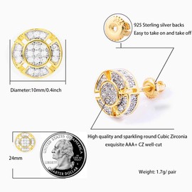 TOPGRILLZ 925 Sterling Silver Iced out CZ Premium Diamond Cluster Zirconia Round Screw Back Stud Earrings for Men Hip Hop Jewelry (Gold Small Circle)