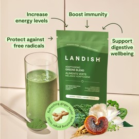 Landish Landish Adaptogenic Greens Powder - Canadian-Grown Organic Greens, Spirulina, Functional Roots & Mushrooms - Energy, Digestion & Immunity - Vegan, Gluten & Caffeine-Free - Made in Canada - 180 g