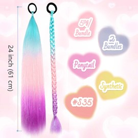 Rainbow Ponytail Extensions With Hair Tie 2 Packs 50g/Pack Coloured Hair Extensions for Braiding 26 inch Colorful Ombre Mermaid Pony Tail Synthetic Hair Extensions for Girl Women S35