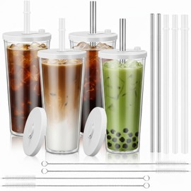 Honeydak 4 Pack Reusable Iced Coffee Cups with Lids and Straws Leakproof Double Wall Insulated Clear Plastic Iced Coffee Tumblers with Straw Brushes (24oz,White)
