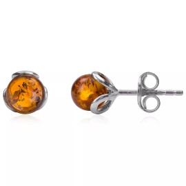 Navada 925 Solid Pure Sterling Silver Honey Baltic Amber Designer Flower Stud Earrings