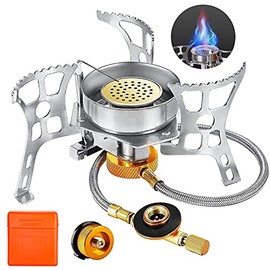 Camping Gas Stove, Portable Windproof Backpacking Burner Cooking Stoves for Hiking Fishing Picnic with Piezo Ignition & Adapters Converter