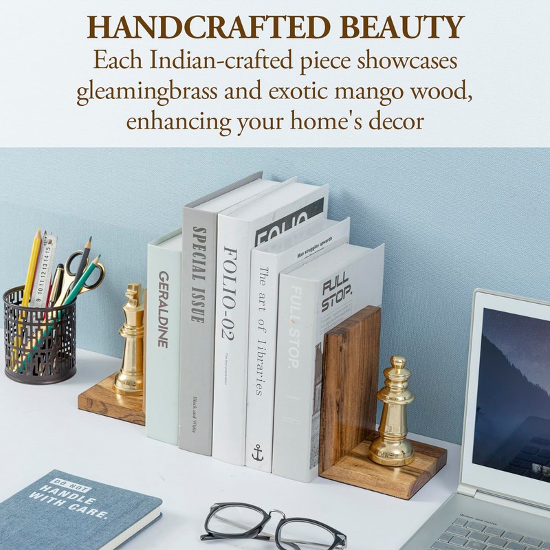 MyGift Decorative Chess Bookends Heavy Duty Mango Wood and Brass