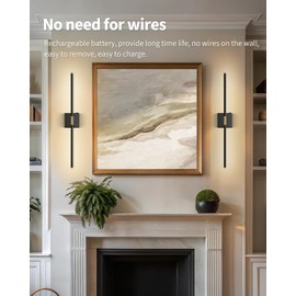 SAIMAND Wall Sconces Set of 2 Battery Operated, Wireless USB Rechargeable Wall Lights with Remote Control, 360° Rotation, 8000mAh LED Dimmable Picture Lamp for Living Room,Bedroom,Hallway (30in Black)