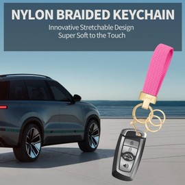Fishent Stretchy Car Keychain, Nylon Braided Cool Key Chain for Women Men, Universal Key Fob Holder with 3 Keyrings, Anti-Lost D-Ring, Car Accessories, Pink