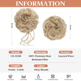 CJL HAIR 2PCS Messy Bun Hair Pieces Wavy Curly Synthetic Updo Chignon Fake Scrunchies Ponytail Extension for Women Dirty Blonde