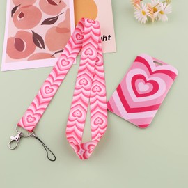 BKBKAAK Cute Pink Heart Lanyard with ID Holder Girls Preppy Aesthetic Lanyard for ID Badge Holder Vertical Protector Case Kids Lanyards for School Office Keys