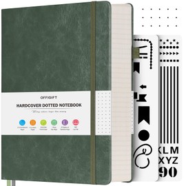 OFFIGIFT Bullet Dotted Journal Notebook, 312 Numbered Pages A5 Hardcover Leather Journal, 100gsm No Bleed Paper Dot Grid Notebook with Index Pages, Dot Journal for Women Men, 5.75" x 8.38", Green