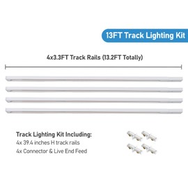 13FT H Track Lighting Rails Kit, H Type Rails White with End Caps and Live End Feed Connector, Compatible with Single Circuit H Style System, for LED Lighting Heads