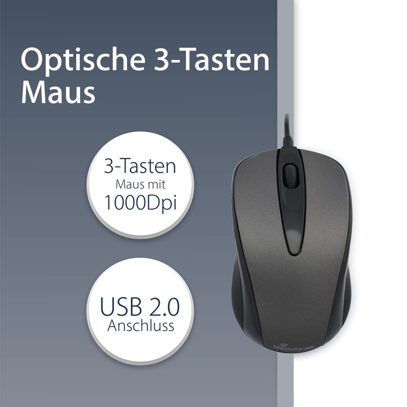 MediaRange kabelgebundene 3-Tasten Maus, mit optischem Sensor, schwarz/grau