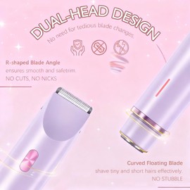 Bikini Trimmer for Women, 2 in 1 Dual-Head Electric Shaver for Women Pubic Hair, Waterproof Wet/Dry Use Body Hair Trimmer and Face Razors, Rechargeable Hair Removal for Bikini Legs Face Underarm Arm