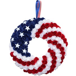 Silk Roses 4th of July Wreath - Red White Blue Patriotic Wreaths for Front Door, Memorial & Independence Day Decorations, Americana Decor for Porch Door Wall Window Indoor Outdoor (18“)