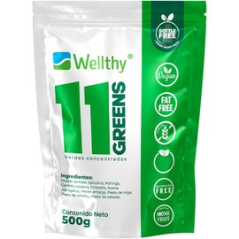 Wellthy 11 Greens: Jugo Verde en Polvo 500g con Espirulina. Producto Vegano, Fat Free, Gluten Free, 100 porciones por Envase, NON GMO, Bottle Free.