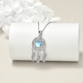 YFN Dream Catcher Necklace Sterling Silver Moonstone Feather Pendant Dream Catcher Jewellery Gifts for Women, Sterling Silver, Moonstone