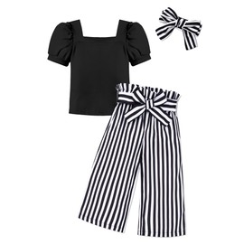 DONWEN Girls Clothes Size 6 7 Kids Clothes Square Neck Puff Short Sleeve Top + Striped Pants + Headband 3pcs Girls Outfit Set