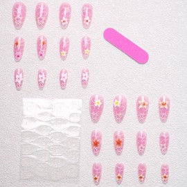 Flower Press on Nails Short Almond Fake Nails French Tip False Nails with Flowers and Water Ripples Design Stick on Nail Artificial Full Cover Glossy Glue on Nail for Daily Salon Manicure Decoration