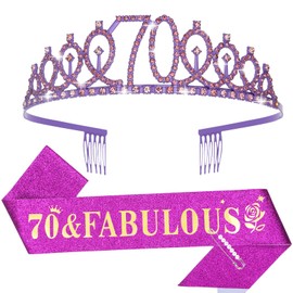 Casoty 70th Birthday Sash and Tiara for Women, 70 & Fabulous Crown and Sash Set, 70th Birthday Decorations Party Supplies Gifts for Women