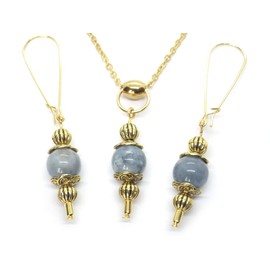 Vintage style stainless steel choker necklace and earrings jewelry set for women with blue quartz pendant