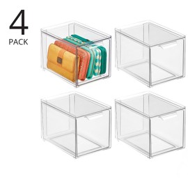 mDesign Plastic Stackable Closet Storage with Pull Out Bin Organizer Drawer for Cabinet, Desk, Shelf, Cupboard, or Cabinet Organization - Lumiere Collection - 4 Pack - Clear