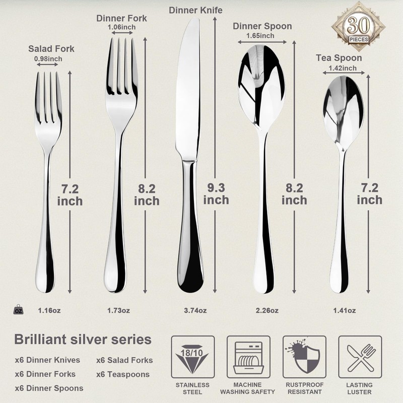 SilouC Silverware Set, 30-Piece Flatware Cutlery Set Service for 6,