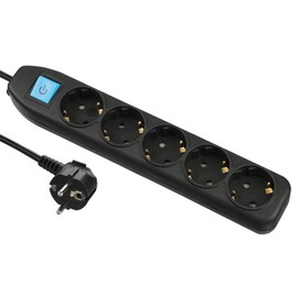 Electraline 62267 Power Strip 5-Way with Switch, Cable 1.5 m / Multiple Socket / Table Socket / Power Strip, Black