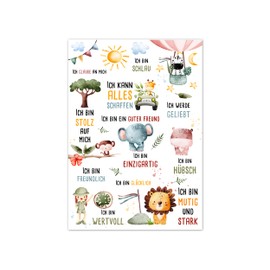 Affirmationsposter für Kinder – Stärke Selbstvertrauen & Positivität - Safari Dschungel Tiere Löwe Giraffe Elefant – A3 - Weiß