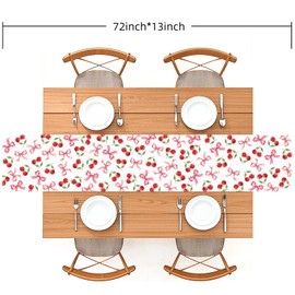 Cherry Pattern Table Runner, Red White Design with Bows, Seasonal Kitchen Dining Table Decoration for Home Party Wedding Birthday Decor, 72 x 13 inches