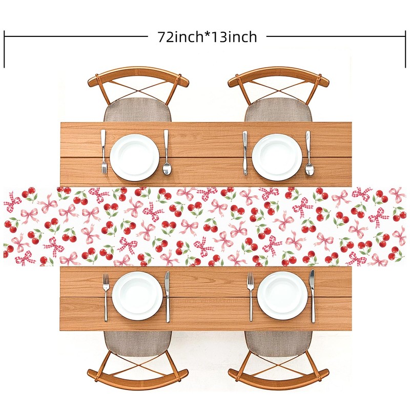 Cherry Pattern Table Runner, Red White Design with Bows, Seasonal