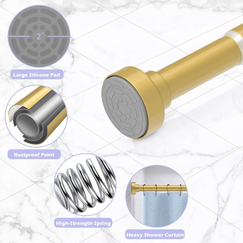 Spring Tension Shower Curtain Rod,18-49",Heavy Duty,No Drill,Gold