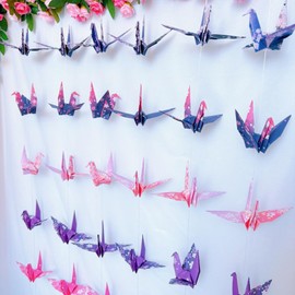 YMASELA Japanese Sakura Paper Crane Hanging Garlands (4.3ft X 4strings) Mixed Patterns Folded Handmade Origami Birds Streamers for Wedding Bridal Shower Baby Shower, Birthday Decoration Party Supplies
