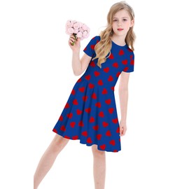 Eyanse Girls Valentines Blue Day Dress Heart Dresses Cuter Valentine Outfit with Hearts Pattern Printed Navy Blue Clothes Sprint Dress Size Age 11-12,L