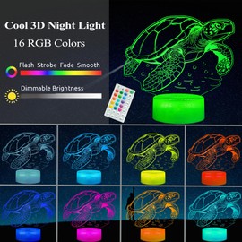 Turtle Night Light, Sea Turtle Gifts, 3D Illusion Lamp with Remote Control, 16 RGB Colors, 4 Flashing Modes, Timer, Dimmable, Kids Room Decoration for Holiday Birthday Christmas