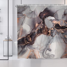 ASDCXZ Marble Shower Curtain 180 x 180 cm, Modern Abstract Art Black Gold Grey Marble Look Texture Bathroom Washable Shower Curtains Polyester Textile Waterproof Bath Curtain for Bathtub with 12 Hooks