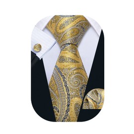 Barry.Wang Men Ties Paisley Woven Silk Necktie Set with Pocket Suqare Cufflinks Formal