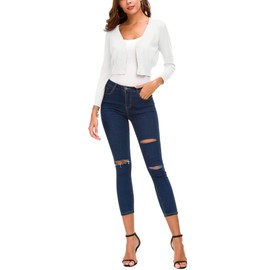 Women's Lightweight Knit Cropped Cardigan 3/4 Sleeve V-Neck Open Front Bolero Shrug for Dresses and Casual Wear (S, 2-White)