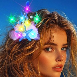 Evlry Luminous Starfish Hair Clip Blue LED Shells Mermaid Hairpiece Beads Hair Accessories for Women