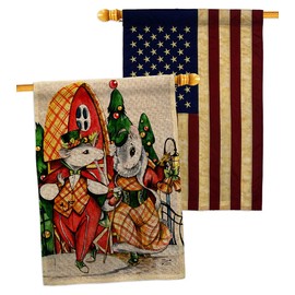 Holiday Mouses Burlap House Flag - Pack Winter Christmas Santa Marry Xmas Present Reindeer Season Wintertime Snow USA Vintage Applique - Banner Small Garden Yard Gift Double-Sided Made in 28 X 40