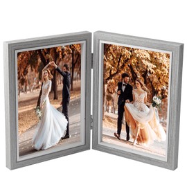 TESSTSY Double Picture Frame, Foldable 2 Photos, 13 x 18 cm, Folding Wooden Picture Frame, Folding Photo Frame with Glass Pane, Picture Frame, for Wedding, Family (Grey)